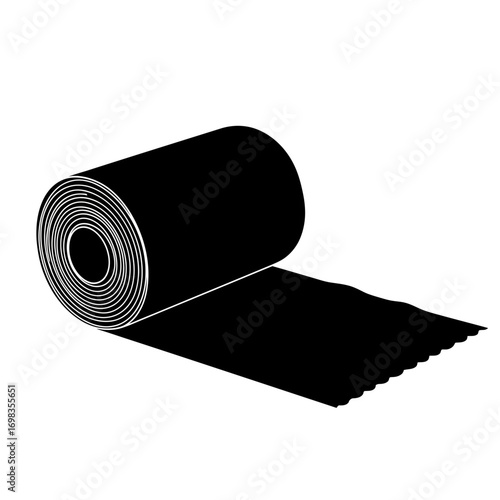 Black silhouette of a roll of material unrolling on white background isolated on white background