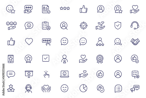 Customer satisfaction, feedback, rating, review, testimonial, client experience, service quality, support icons in line style for web, mobile app, survey, trust, loyalty, vector illustration