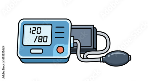 Digital Blood Pressure Monitor with Cuff Displaying Normal Reading.