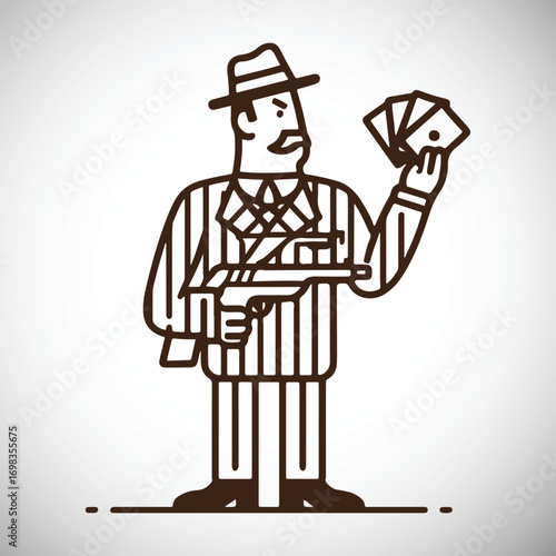 Stylized gangster in pinstripe suit holding tommy gun and playing cards mafia crime
