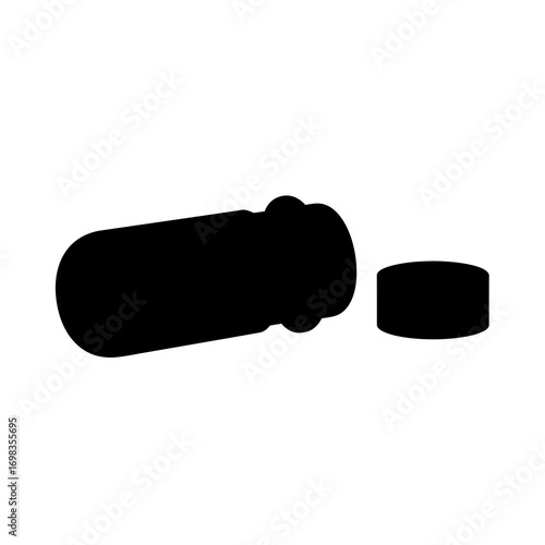 Black silhouette of an open pill bottle and cap isolated on white background