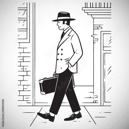 Man in fedora hat and suit walking with briefcase on sidewalk vector 1