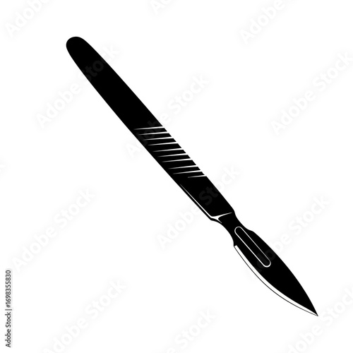 Black silhouette of a surgical scalpel isolated on white background