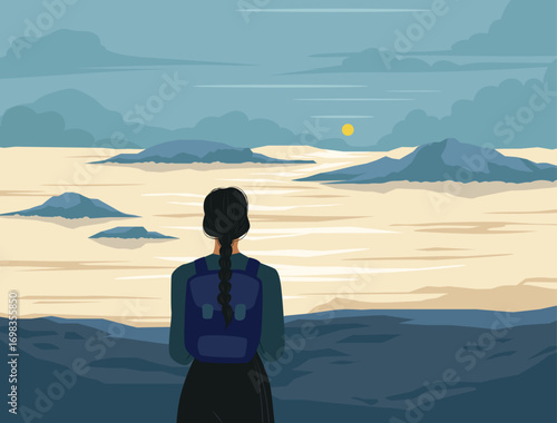 young woman crying alone in landscape Beautiful landscape and view with sun in background. Unhappiness