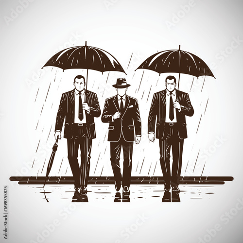 Three men in suits walking under umbrellas in the rain vector 2