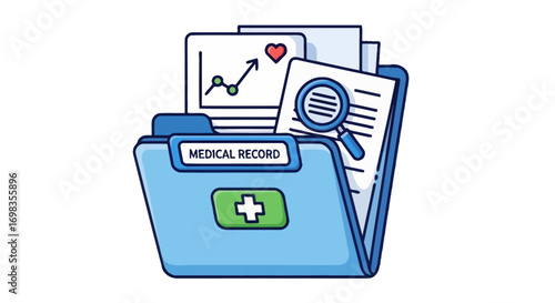 Medical Record Folder with Documents and Magnifying Glass Illustration.