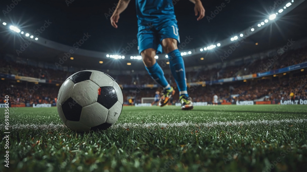 Naklejka premium A soccer player in action, focuses on a soccer ball, captured on the green pitch of a professional soccer stadium