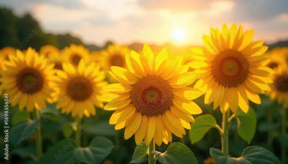 Fototapeta premium Sunflowers Basking in Golden Sunlight A Breathtaking Summer Field of Vibrant Yellow Flowers