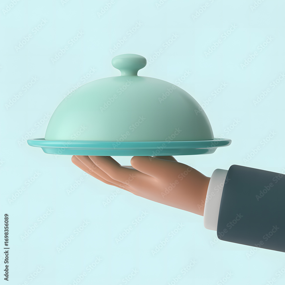 Fototapeta premium Elegant Service A Cartoon Hand Presenting a Covered Dish on a Tranquil Blue Background Artistically Rendered
