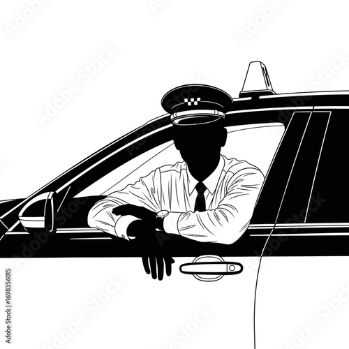 Taxi driver leaning out of car window silhouette isolated on white background