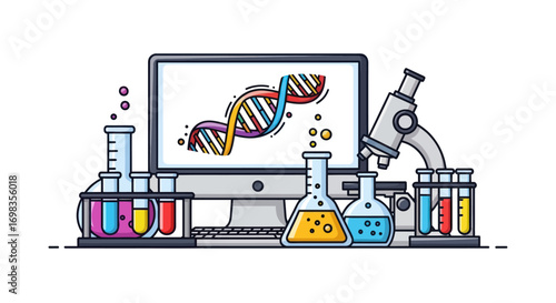 Science Lab Equipment with DNA on Computer Screen.
