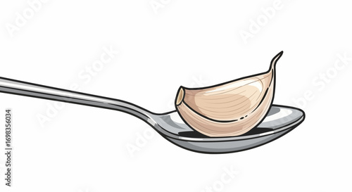Vector art of a single clove of garlic rests on a metal spoon, isolated on a, representing a culinary ingredient or a health supplement, with a focus on its texture and shape