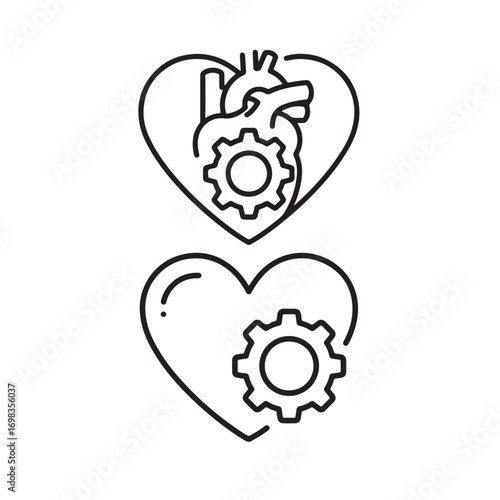 Illustration of mechanical heart concept with gears inside, representing cardiovascular health isolated on white background