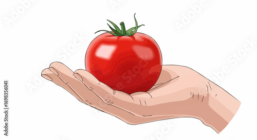 Vector art of a single, vibrant red tomato rests in an open hand, isolated on a, representing the bounty of nature and healthy eating