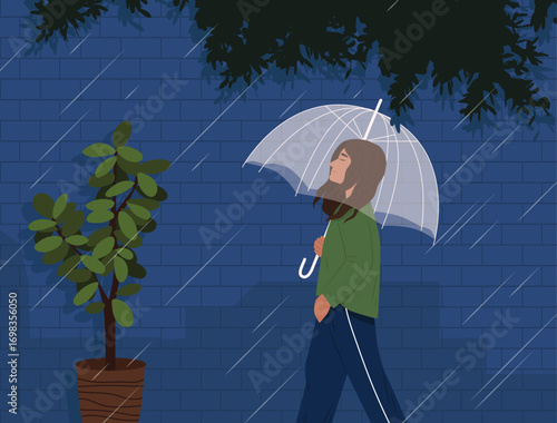 young woman against the nature backdrop, sheltered by a small umbrella in the rain.