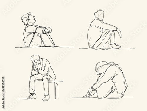 continuous one line art drawing. Sad in problem, anxiety and stress,  Mental health disorder, depression, tired.