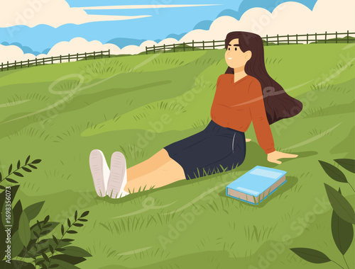 young woman Sad alone sitting read a book  alone on the lawn illustration person loneliness pensive vector depression.