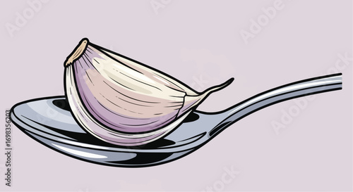 Vector art of a single clove of garlic resting on a metal spoon, isolated on a light purple background, symbolizing ingredients for cooking, flavoring, or medicinal purposes