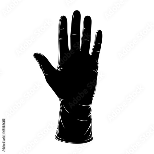 Black medical glove silhouette raised hand isolated on white background