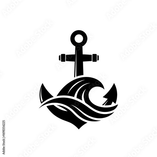 Nautical anchor and wave silhouette isolated on white background