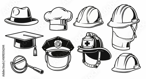 Vector art of collection of various hats representing different professions and achievements, including a chefs toque, graduation cap, fedora, and hard hats