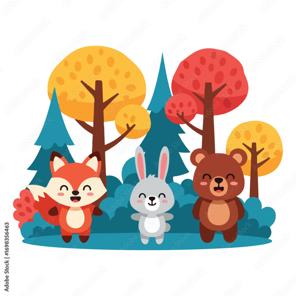 Fototapeta premium Illustration of cute fox, rabbit, and bear in a colorful forest with trees and flowers