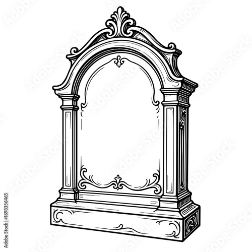Black and white vintage mirror frame illustration in gothic style for Halloween haunted house and witchy themes - Halloween - gothic - haunted - antique - illustration - design