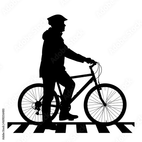 Man on bicycle at crosswalk silhouette isolated on white background