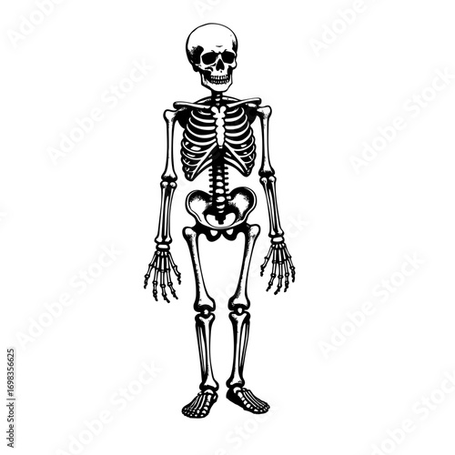 Skeleton standing upright in vintage black and white style perfect for Halloween death and horror themes - Halloween - skeleton - horror - death - scary - spooky