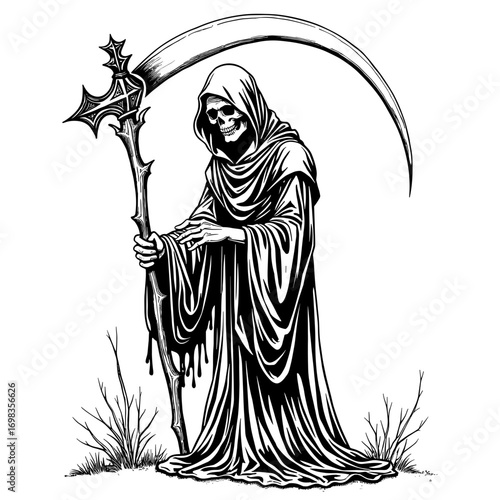 Grim reaper in hood with scythe standing in grass in black and white vintage style perfect for Halloween death and horror illustrations - Halloween - grim reaper - horror - death - spooky