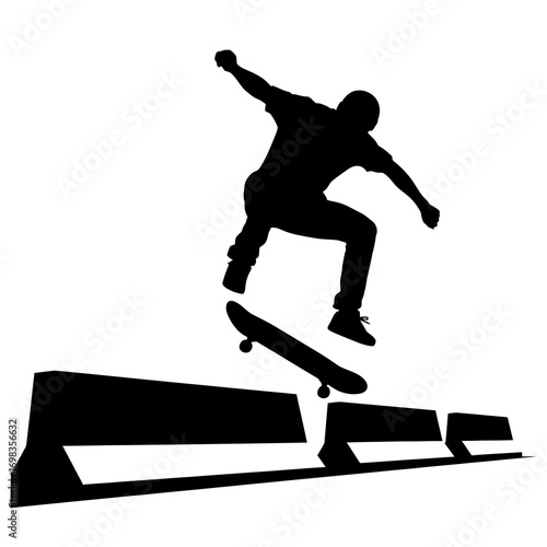 Skateboarder performing trick over obstacles silhouette isolated on white background