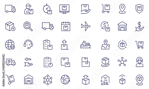 Delivery, courier, logistics, shipping, express icons set, package tracking, transport service, cargo, order, freight, shipment, warehouse, business distribution, global parcel, customer support