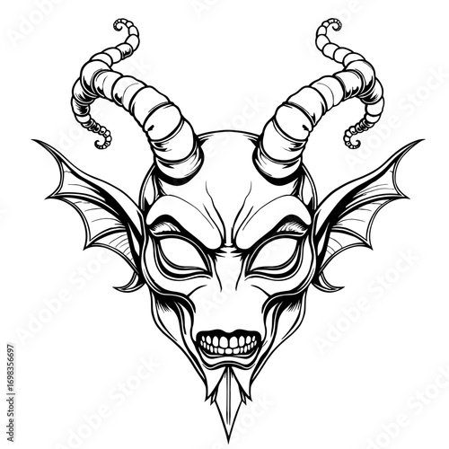 Demonic face with horns and wings in black and white horror style perfect for Halloween monster and gothic fantasy designs - Halloween - demon - horror - gothic - monster