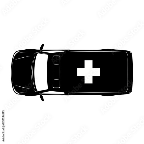 Top view silhouette of an ambulance with a medical cross isolated on white background