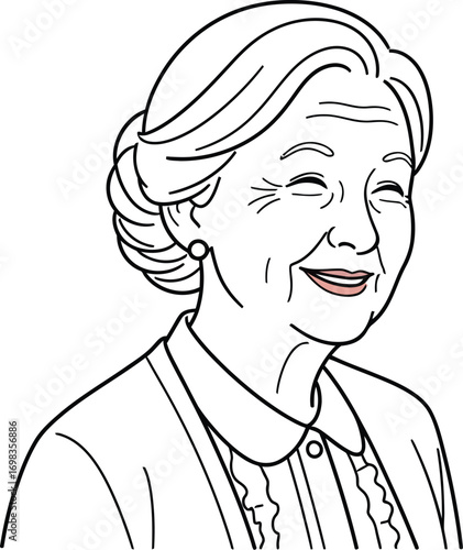 Joyful elderly woman with a warm smile, radiating happiness and wisdom.