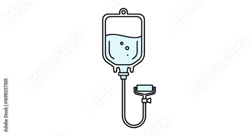 Cartoon style intravenous drip bag with fluid and tube.