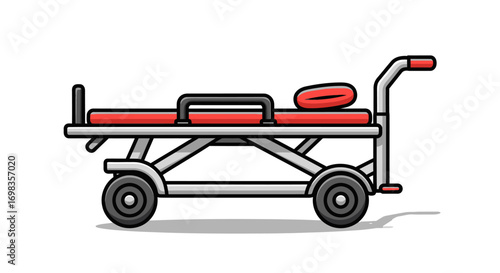 A cartoon illustration of a red and silver medical emergency stretcher or hospital gurney.