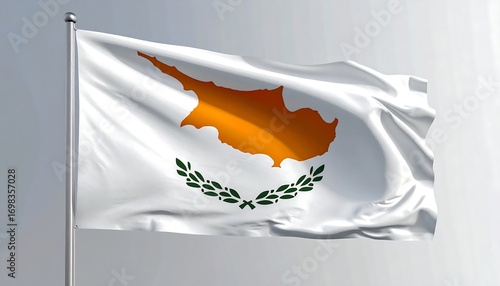 Cypriot flag white fabric with gold island map and olive branches on gray background, flying