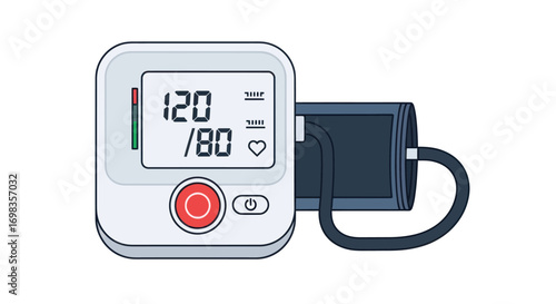 Digital Blood Pressure Monitor with Cuff and Display Showing 120-80 Reading.
