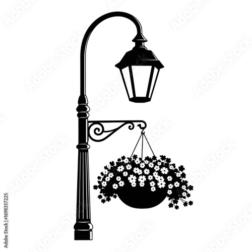 Vintage street lamp with hanging flower basket silhouette isolated on white background