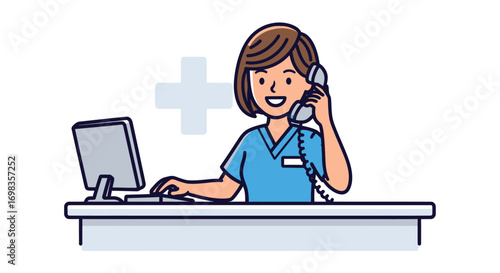 Smiling Nurse Answering Phone at Reception Desk.