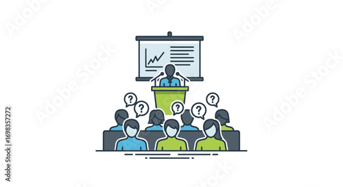 Speaker presenting data on a screen to an attentive audience with questions.