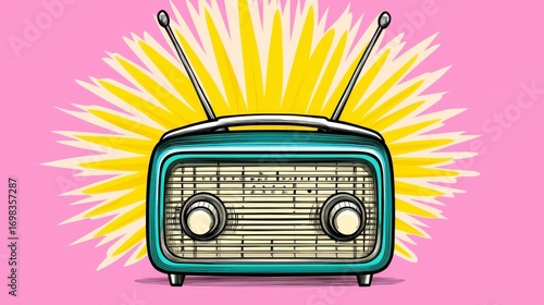 Retro Teal Radio with Yellow Sunburst on Pink Background