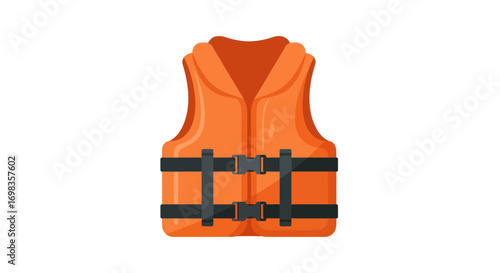 Bright orange life jacket with black adjustable straps and buckles for water safety.