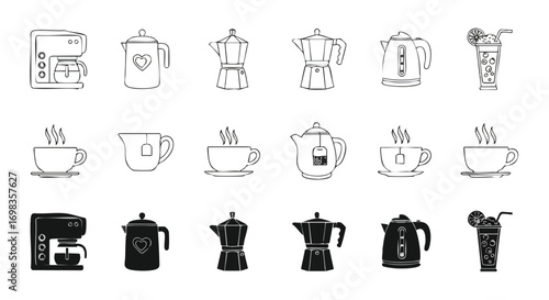 Essential kitchen drinks collection with coffee maker, moka pot, kettle, tea and cocktail illustrations
