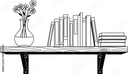 Simple wooden shelf displaying a vase of flowers and a stack of books.