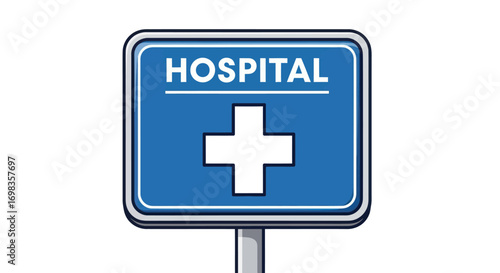 Blue Hospital Sign with White Cross Symbol.