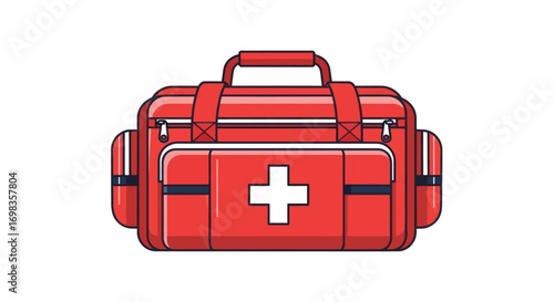 Red First Aid Kit with White Cross Symbol.
