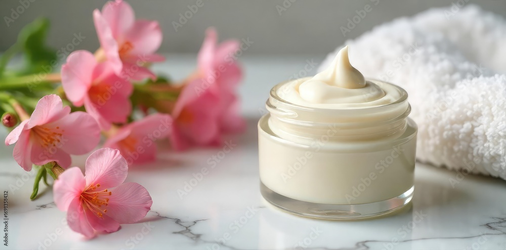 A jar of rich, creamy, luxurious moisturizer sits on a marble countertop next to blooming flowers and a soft, fluffy towel Perfect for skincare and beauty product marketing , flowers, bottle, skin