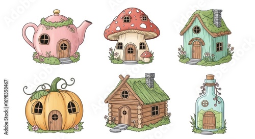 Colorful whimsical fairy houses and a bottle, various shapes and styles, in a charming cartoon aesthetic.